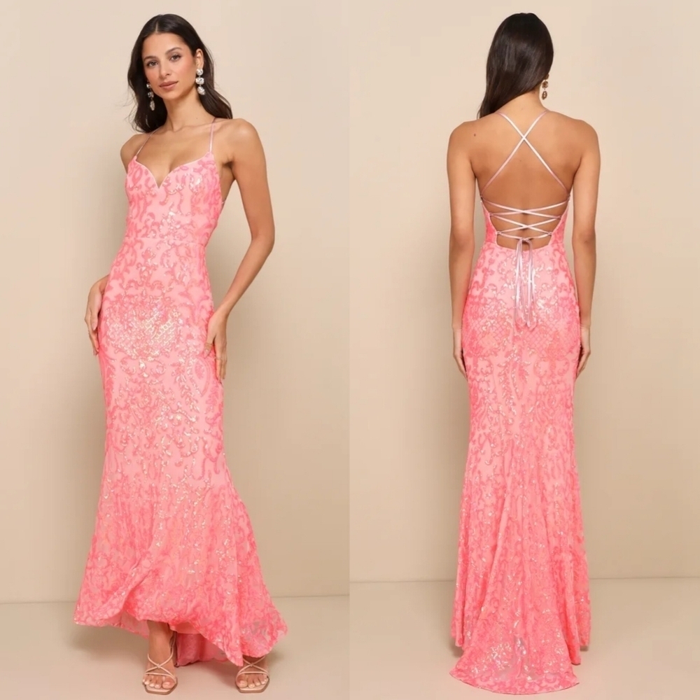 Lulus Limitless Glamour Coral Pink Sequin Lace-Up Maxi Dress M Wedding Party